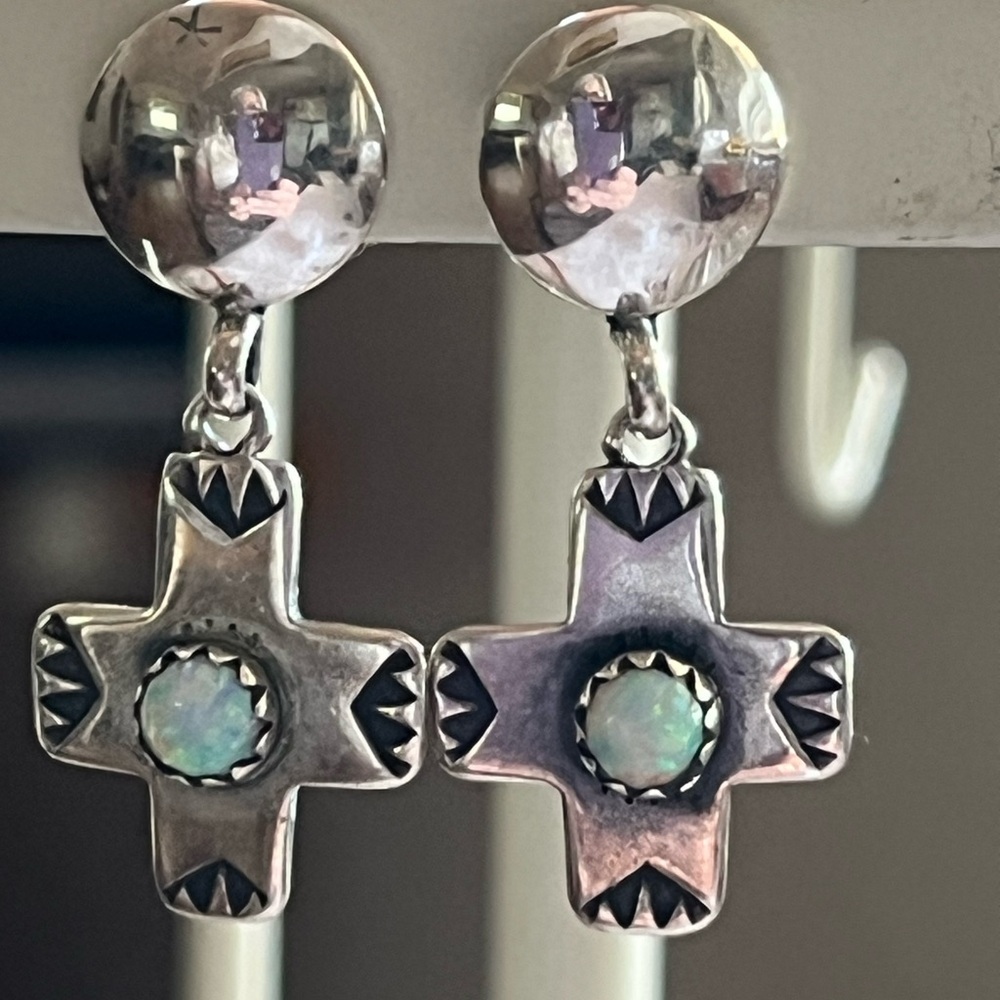 Sterling Navajo Cross Earrings Opal Center Signed